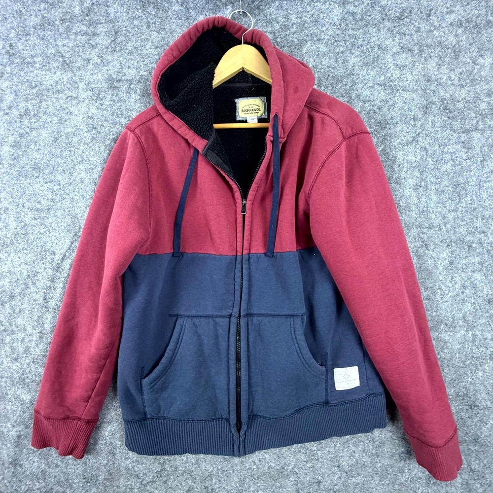Roebuck & Co Hoodie Mens Large Blue Red Fleece Lined Kangaroo Pocket Full Zipper